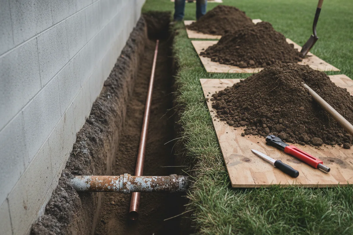 Excavated water line trench during Water Softener Installation in Landing